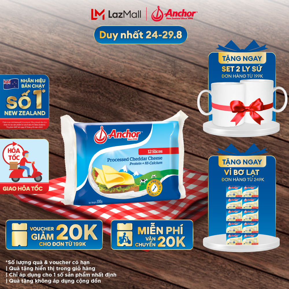 [giảm 20k đơn 199k + giảm 20k phí ship đơn 99k - giao hàng hỏa tốc - hcm] phô mai lát anchor cheddar 200g (12 miếng)