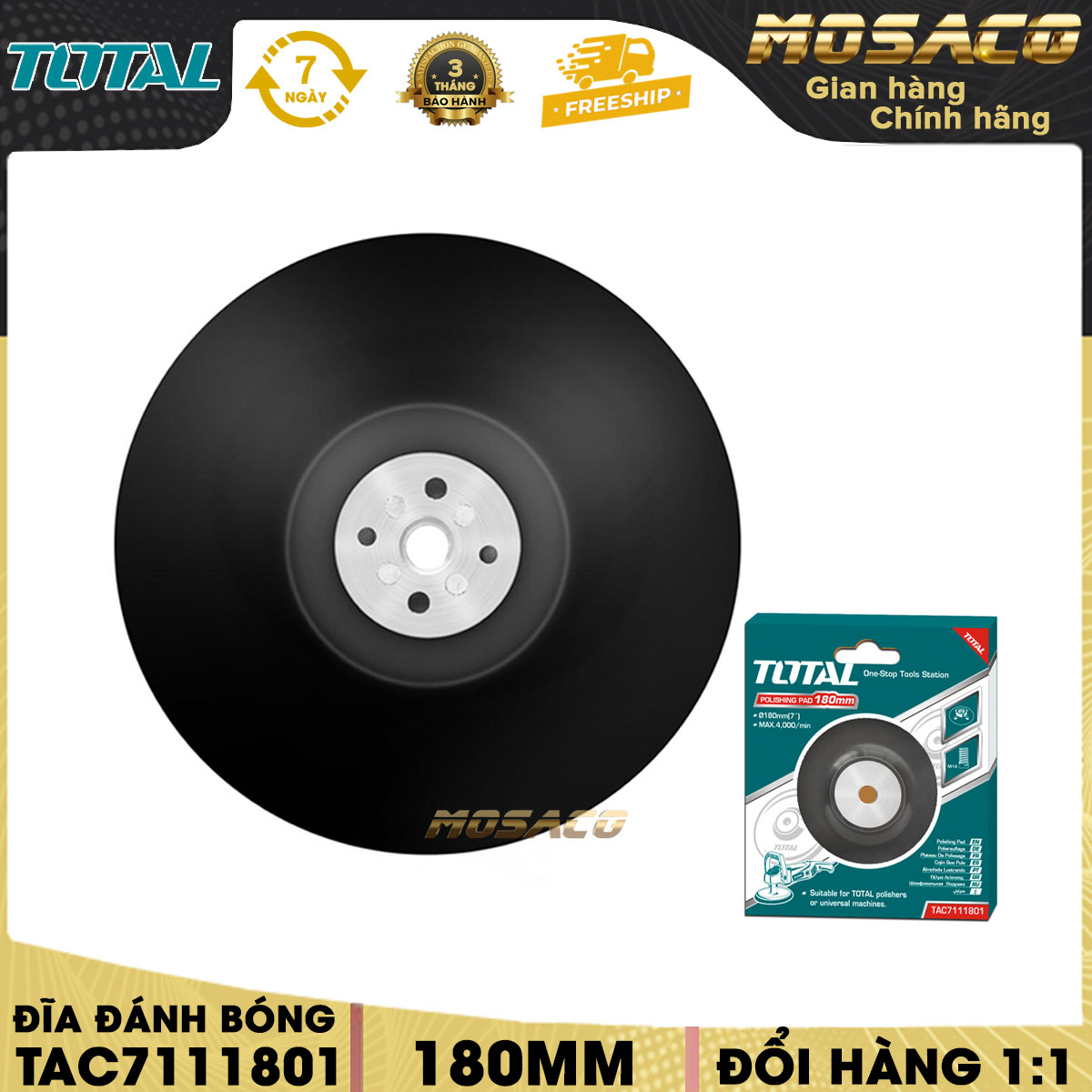 Đĩa cao su đánh bóng total tac7111801 đường kính 180mm. đĩa làm bóng chất liệu cao su, cốt m14 x2, có thiết kế nhỏ gọn, trọng lượng nhẹ dễ dàng sử dụng, mang đi - mosaco