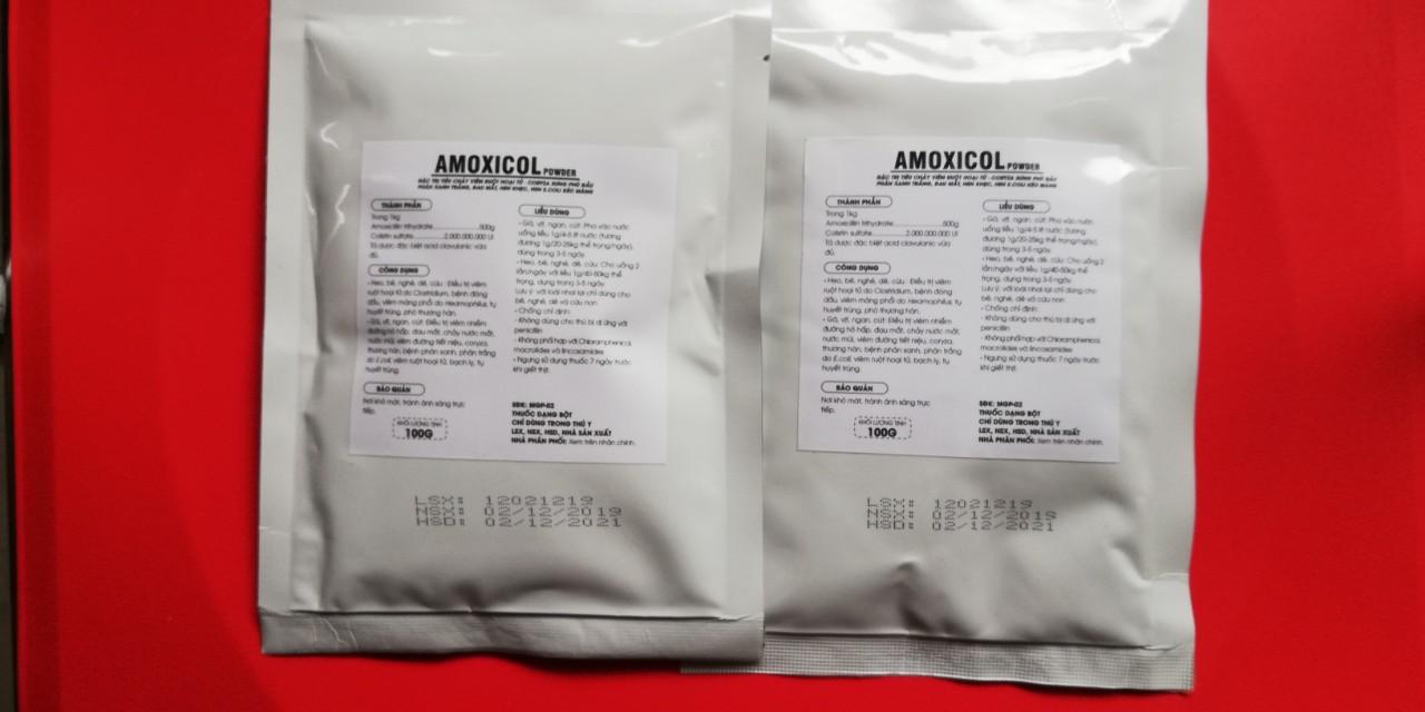 1 gói 100g amoxicol 50% đặc tr-ị tiêu chảy viêm ruột hoại tử- coryra sưng phù đầu phân xanh trắng, đau mắt, hen khẹc, hen e.coli kéo màng
