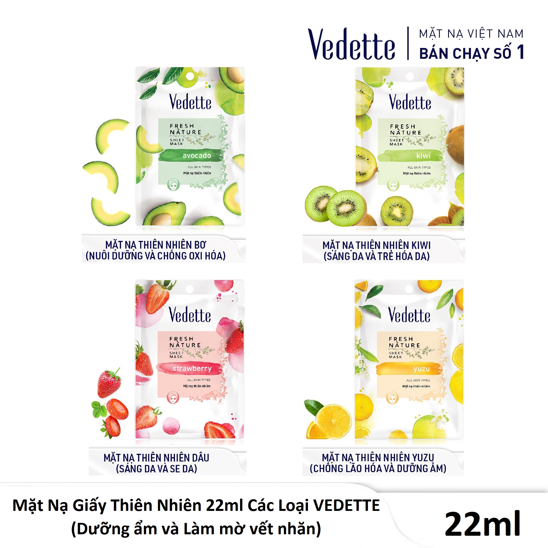 Mặt Nạ Giấy Thiên Nhiên 22ml Các Loại VEDETTE - Dưỡng ẩm và Làm mờ vết nhăn
