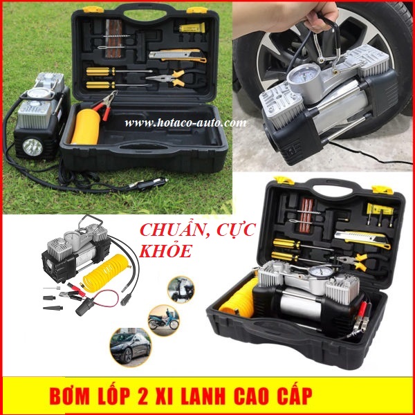 Bơm lốp ô tô loại mạnh 2 motor 2 xi lanh đa chức năng, bơm điện ô tô, đo áp suất lốp loại mạnh có đèn led và đồng hồ đo áp suất lốp, bơm điện 12V