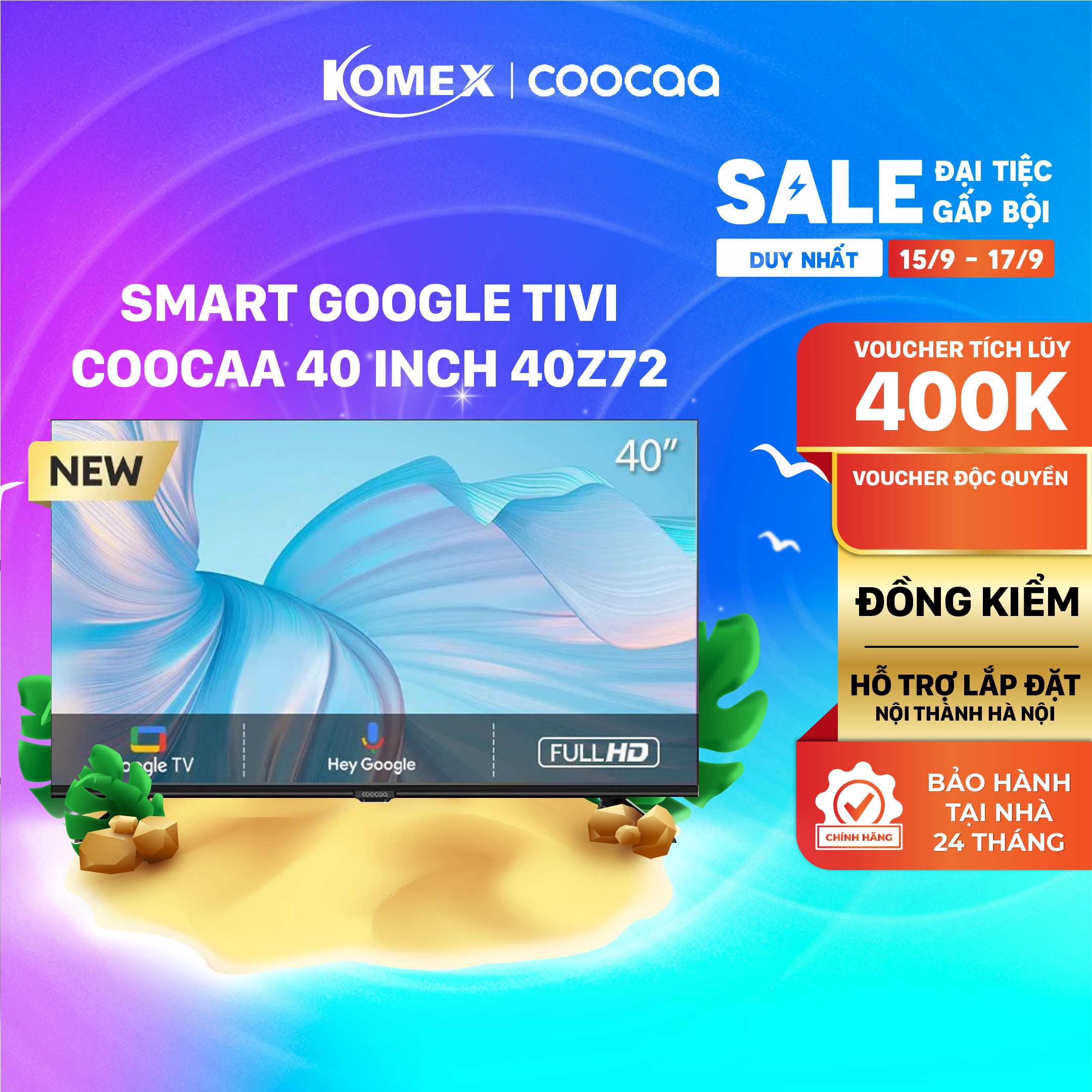 Tivi Coocaa 40 inch 40Z72 Smart tivi HD dùng hệ điều hành google, Điều khiển bằng giọng nói, Đồng kiểm, Đổi trả 30 ngày, Bảo hành 2 năm - Komex