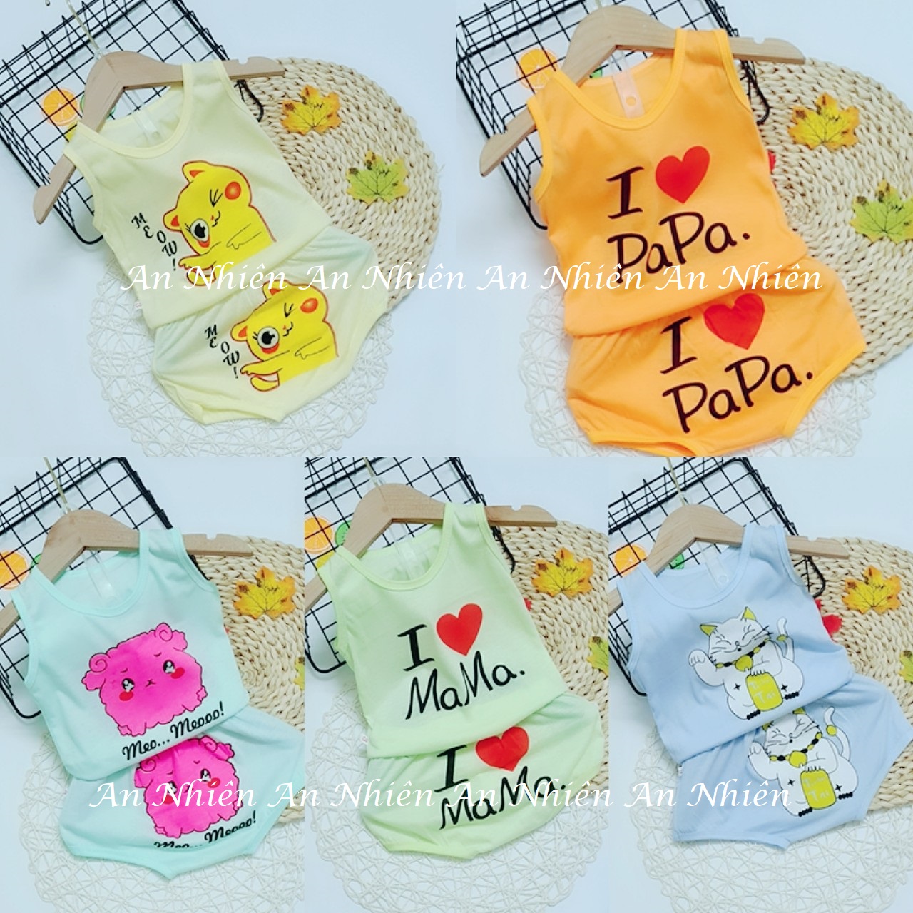 Quần áo trẻ em: Set 5 bộ cotton 2 chiều quần chip áo sát nách cảm xúc cho bé 3-14kg