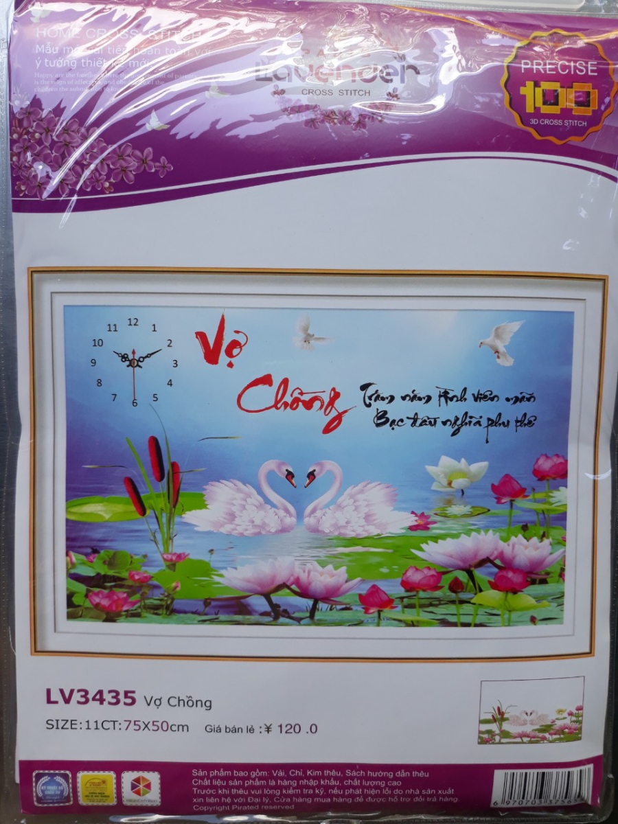Tranh thêu chữ thập vợ chồng thiên nga hoa sen LV3435 kích thước 75*50