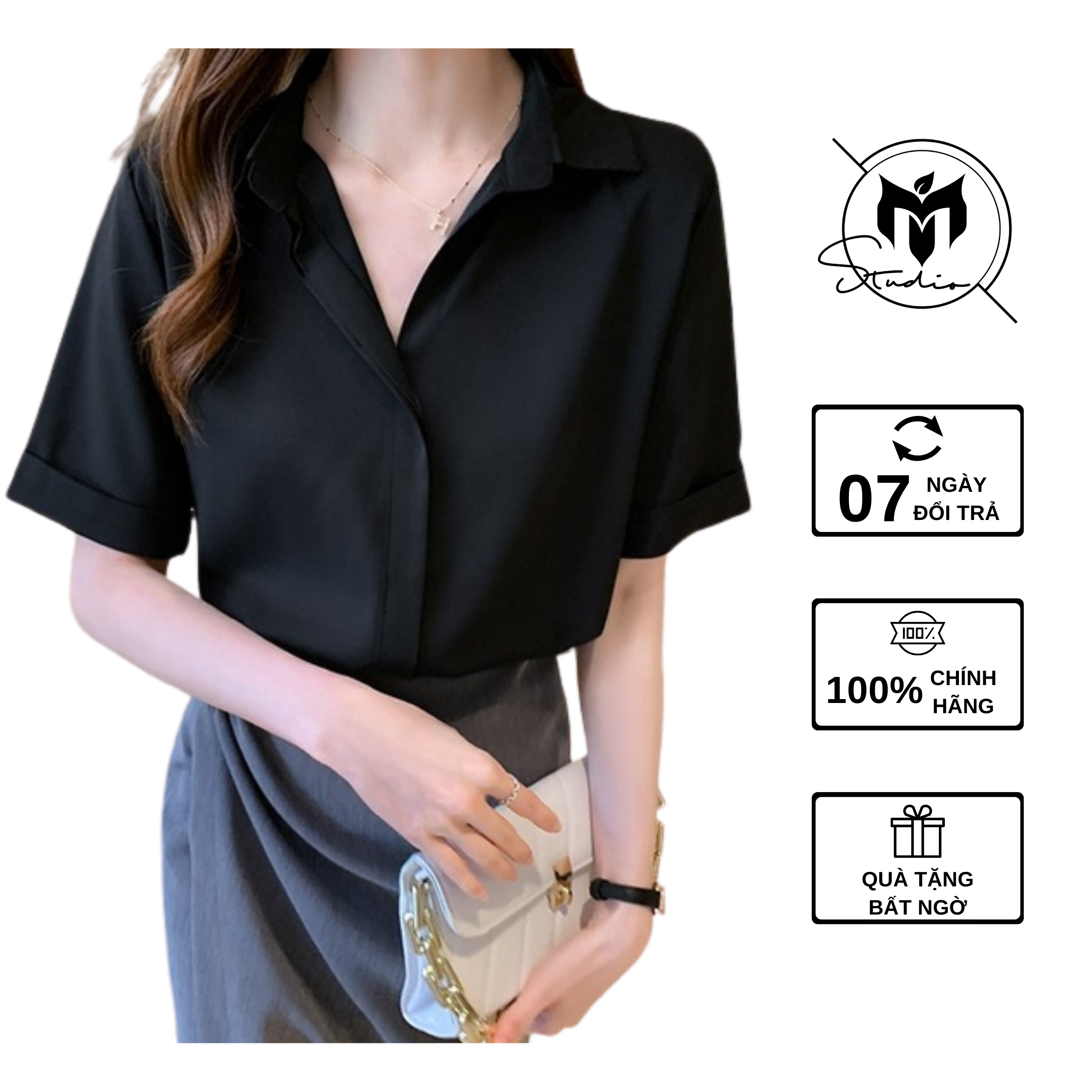 Áo sơ mi công sở nữ đẹp kiểu Hàn Quốc form rộng tay ngắn chất lụa cao cấp Trắng Be Đen Xanh Local Brand Midori M Studio