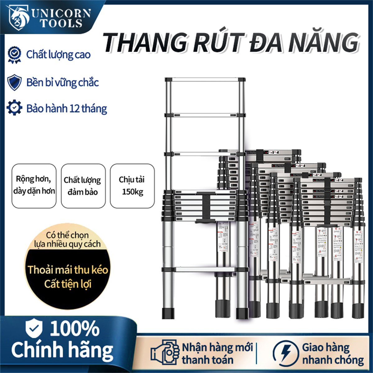Thang nhôm rút gia dụng Thang chữ A hợp kim nhôm không gỉ đa năng sử dụng ngoài trời chính hãng bảo hành 1 năm