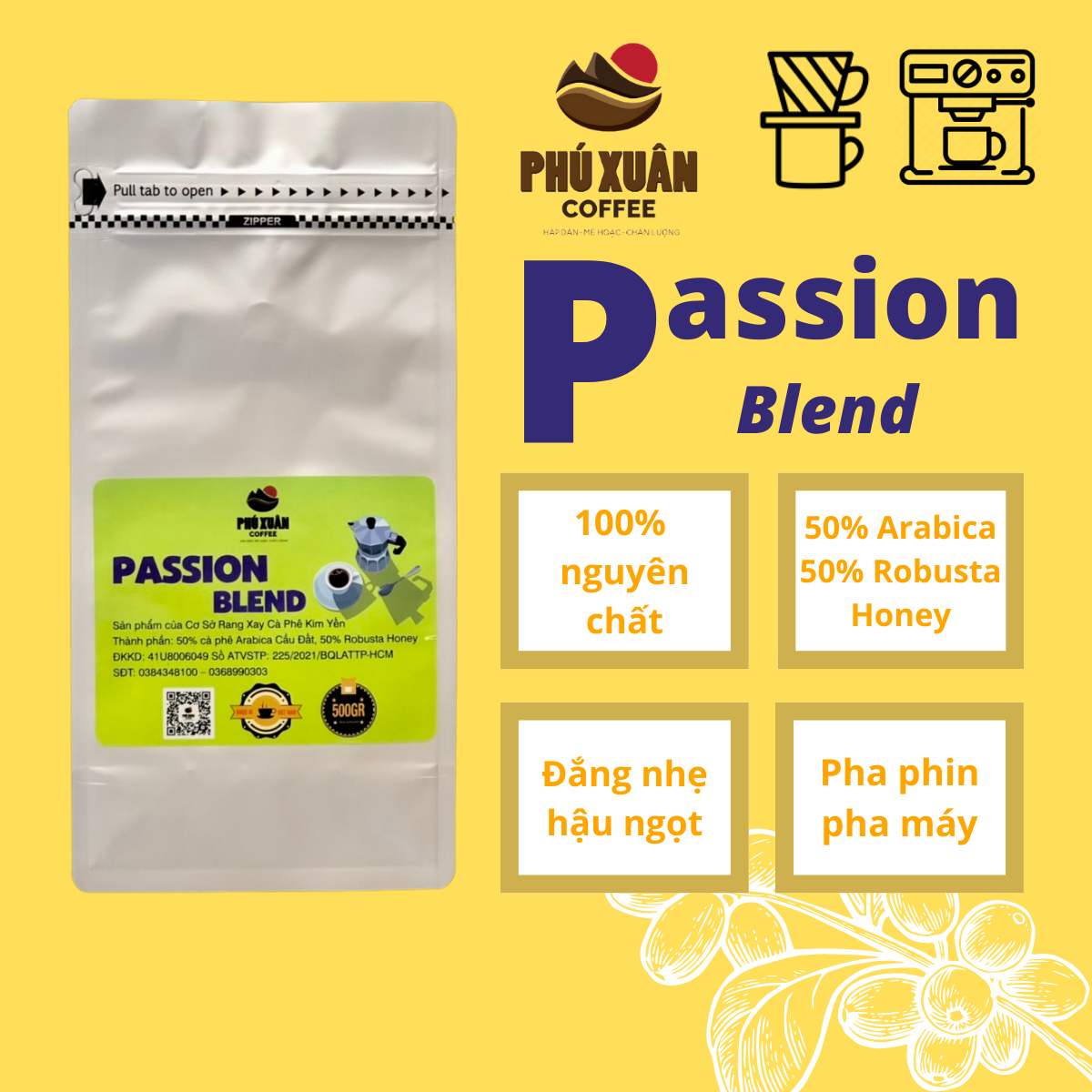 Cà phê rang xay nguyên chất Passion Blend Phú Xuân Coffee , cafe dạng hạt dạng bột rang xay dùng pha phin pha máy