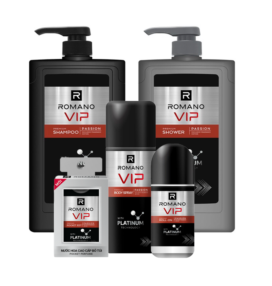 Bộ romano vip passion platinum 5 sản phẩm: dầu gội 650g, sữa tắm 650g, xịt khử mùi 150ml, lăn khử mùi 50ml ,nước hoa bỏ túi 18ml
