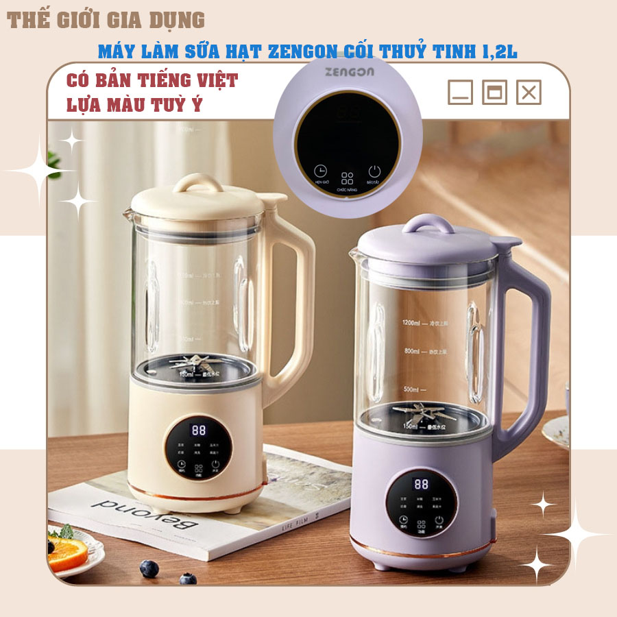 Máy làm sữa hạt zengon cối thủy tinh thể tích 1.2 lít. máy làm sữa hạt zen.gon