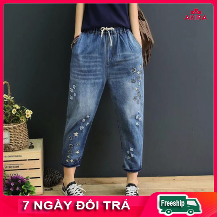 Quần jean baggy nữ big size lững lưng thun eo co giãn thêu Ngôi sao cho người từ 45-90kg mặc thoải mái Akira Store