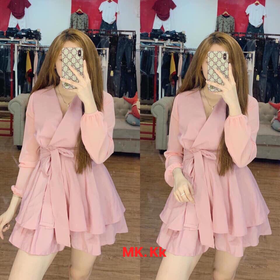 Đầm xòe 2 lớp cổ v tay dài phối dây nơ duyên dáng ttsa0259