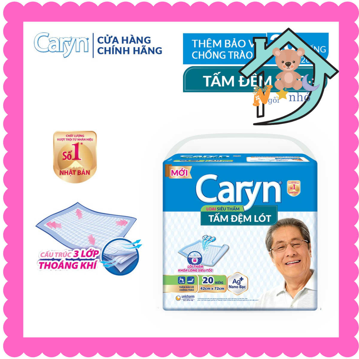 Tấm lót người lớn caryn 20 miếng siêu thấm, lót caryn người già và phụ nữ sau sinh 42cmx72cm mẫu mới chính hãng