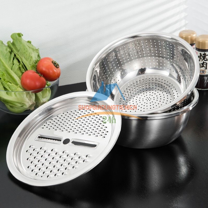 RỔ NẠO RAU CỦ QUẢ BẰNG INOX ĐA NĂNG 3 IN 1