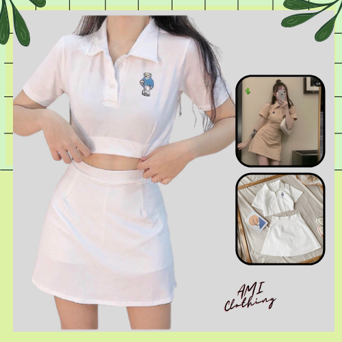 Set áo croptop và váy thêu gấu