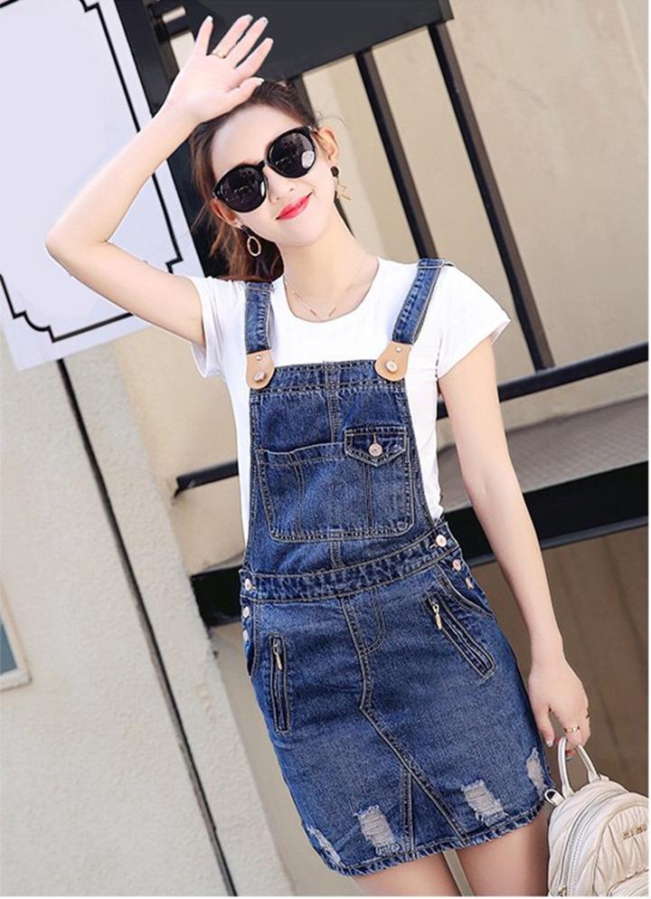 Yếm jean nữ body phối da wash cào duyên dáng