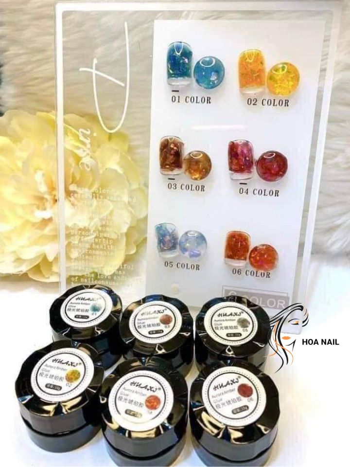 Set gel nhũ hổ phách huaxi 6 màu - sơn gel nhũ khổng tước