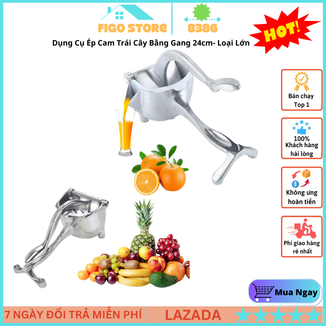 Máy ép hoa quả cầm tay, Dụng Cụ Ép Cam Trái Cây Bằng Gang 24cm- Loại Lớn, Dụng Cụ Ép Vắt Cam Chuyên Dụng - Cối Ép Bằng Gang - Dụng cụ ép hoa quả đa năng giúp ép hoa quả bóc tách vỏ hạt cực dễ dùng cho quán nước ép cam , táo , lựu , thơm , dưa hấu ...