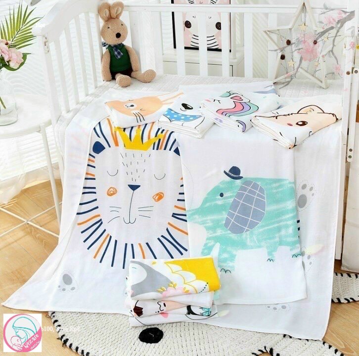 Khăn sợi tre mềm, chăn lụa cotton aden sợi tre cao cấp 4 lớp in hình cho bé KT 110x120