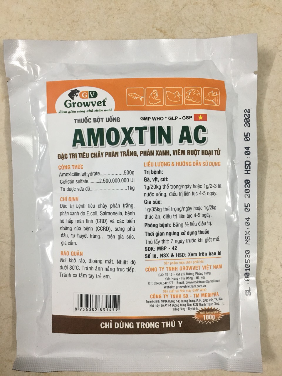 AMOXTIN AC (Amox 50%) phân trắng, phân xanh, viêm ruột cho vật nuôi  (100g)