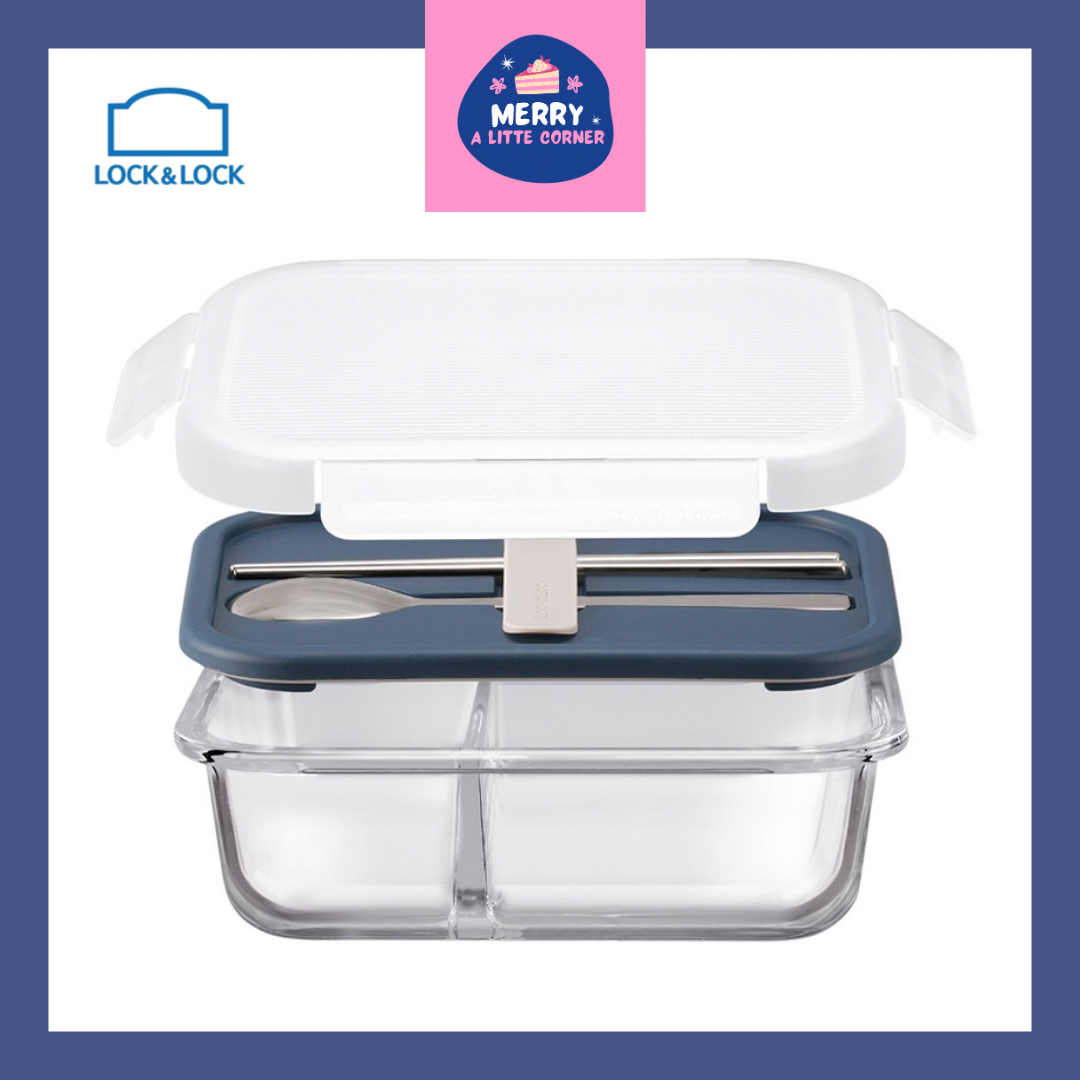 Hộp Cơm Thủy Tinh Kèm Muỗng Đũa Lock&Lock LLG991CL 930ml - Hồng/Navy - Hàng Chính Hãng