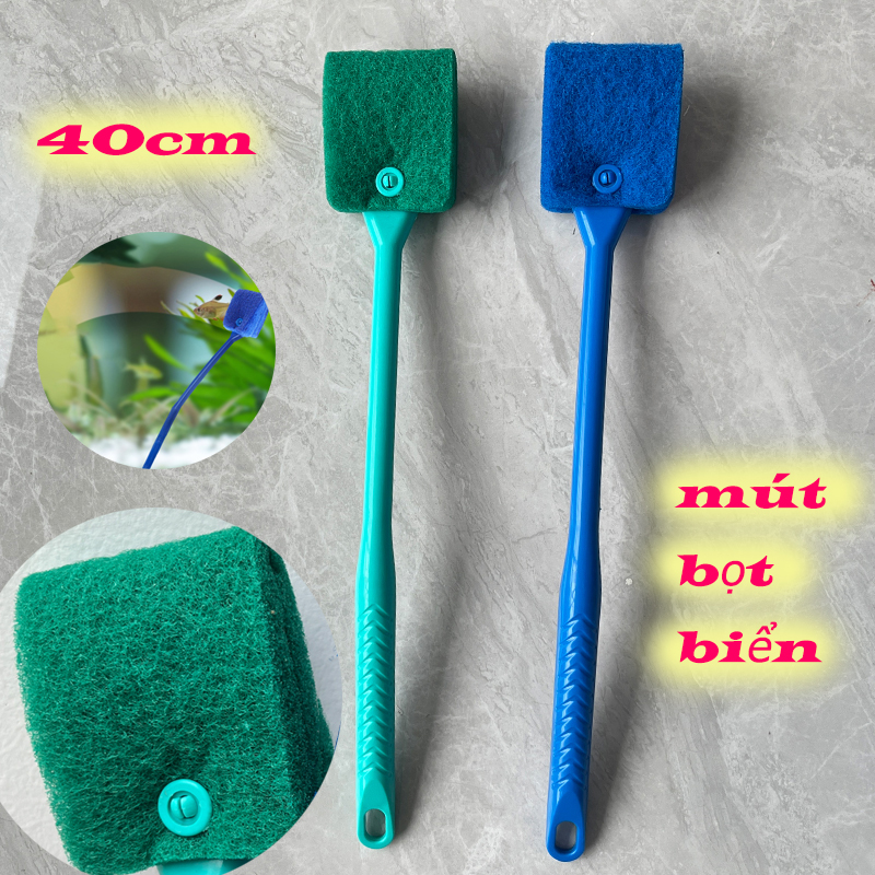 Cọ bể mút bọt biển dùng vệ sinh bể cá cảnh, cây lau chùi cọ kính hồ cá, cọ vệ sinh bể cá hai mặt tay cầm dài, dụng cụ vệ sinh bể cá tiện dụng