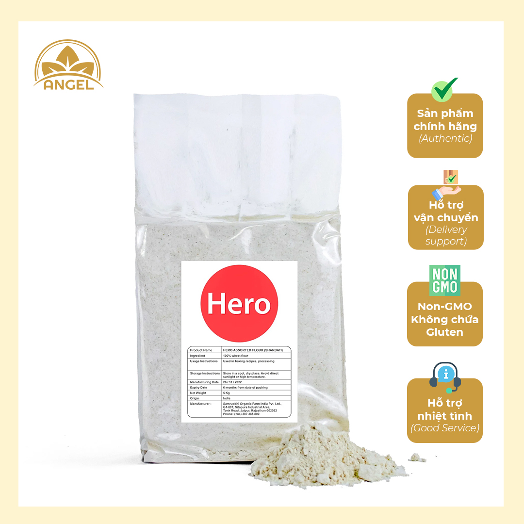 Bột Mì Nguyên Cám Hero wheat flour Pillusbury quality chakki atta stone grind Sharbati Atta Nhập khẩu Bột làm bánh mì, bánh Ấn Độ Gehu atta FREESHIP MAX Angel Foods