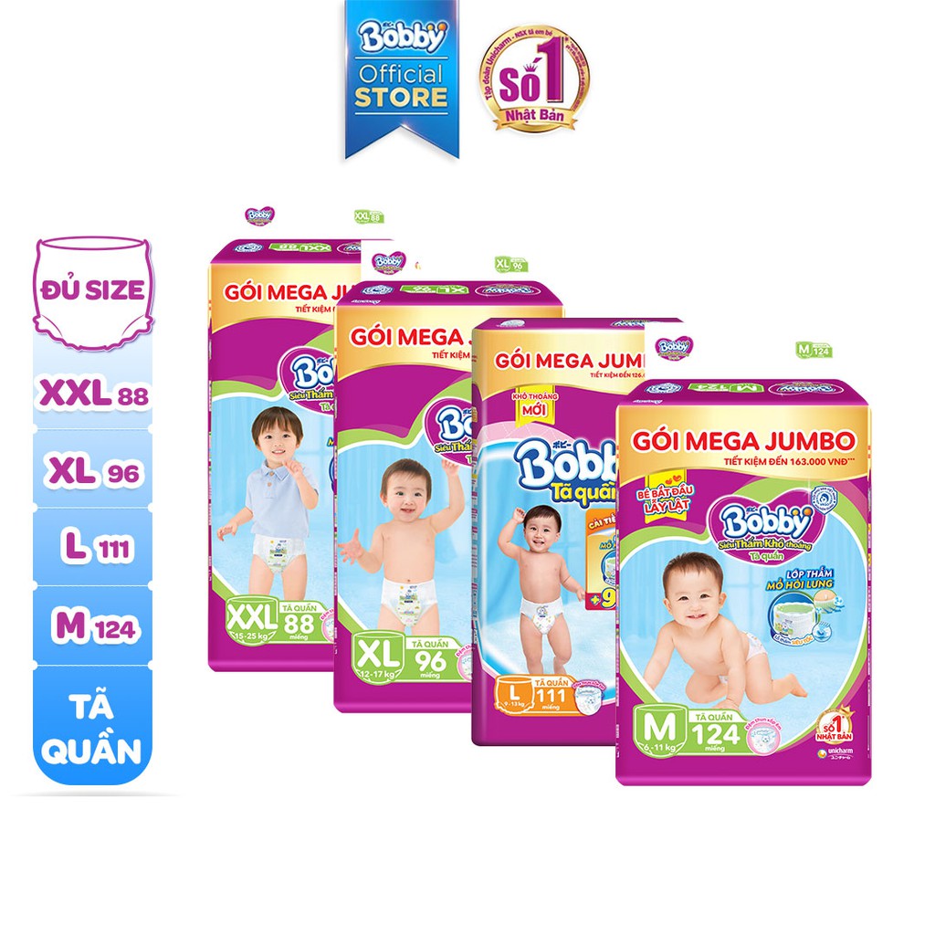 Bỉm - Tã Quần Bobby Siêu Thấm Khô Thoáng Gói Mega Jumbo Size M124/L108/XL96/XXL88