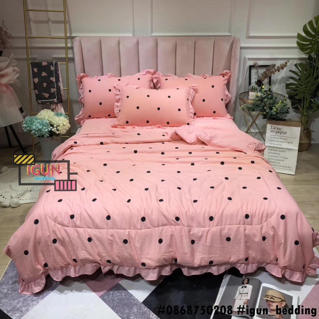 Bộ chăn ga gối đũi trần bông set chấm bi hồng 4 món nhập khẩu, chất lượng đảm bảo an toàn cho người sử dụng, cam kết sản phẩm đúng mô tả