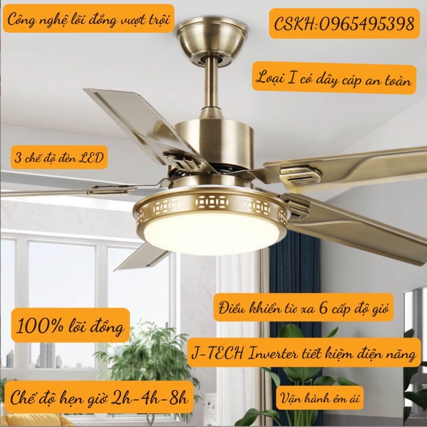 [HÀNG LOẠI I CÓ CÁP AN TOÀN- ĐC 100% LÕI ĐỒNG JTECH-INVERTER 6 SỐ] Quạt Trần 5 Cánh CERATA-BK5 PRO MAX, 3 Chế Độ Đèn LED,  Có REMOTE Từ Xa, Phù Hợp Mọi Không Gian [ BH 10 Năm]