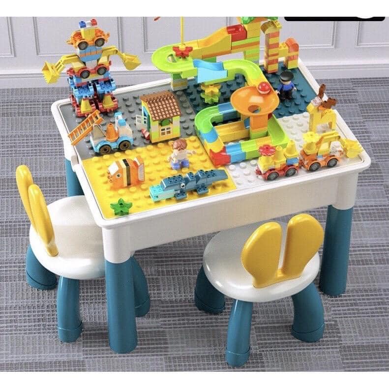 Bộ bàn kèm 2 ghế Lego tai thỏ đa chức năng cho bé, bàn đồ chơi lắp ráp, xếp hình Lego - Thiên thần nhỏ