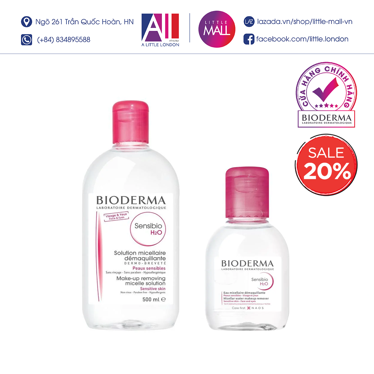 Nước tẩy trang cho da nhạy cảm Bioderma sensibio h2o 100ml / 500ml