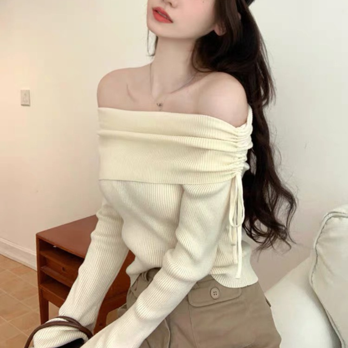 Áo lệch vai A41 tay loe dây rút phong cách tiểu thư