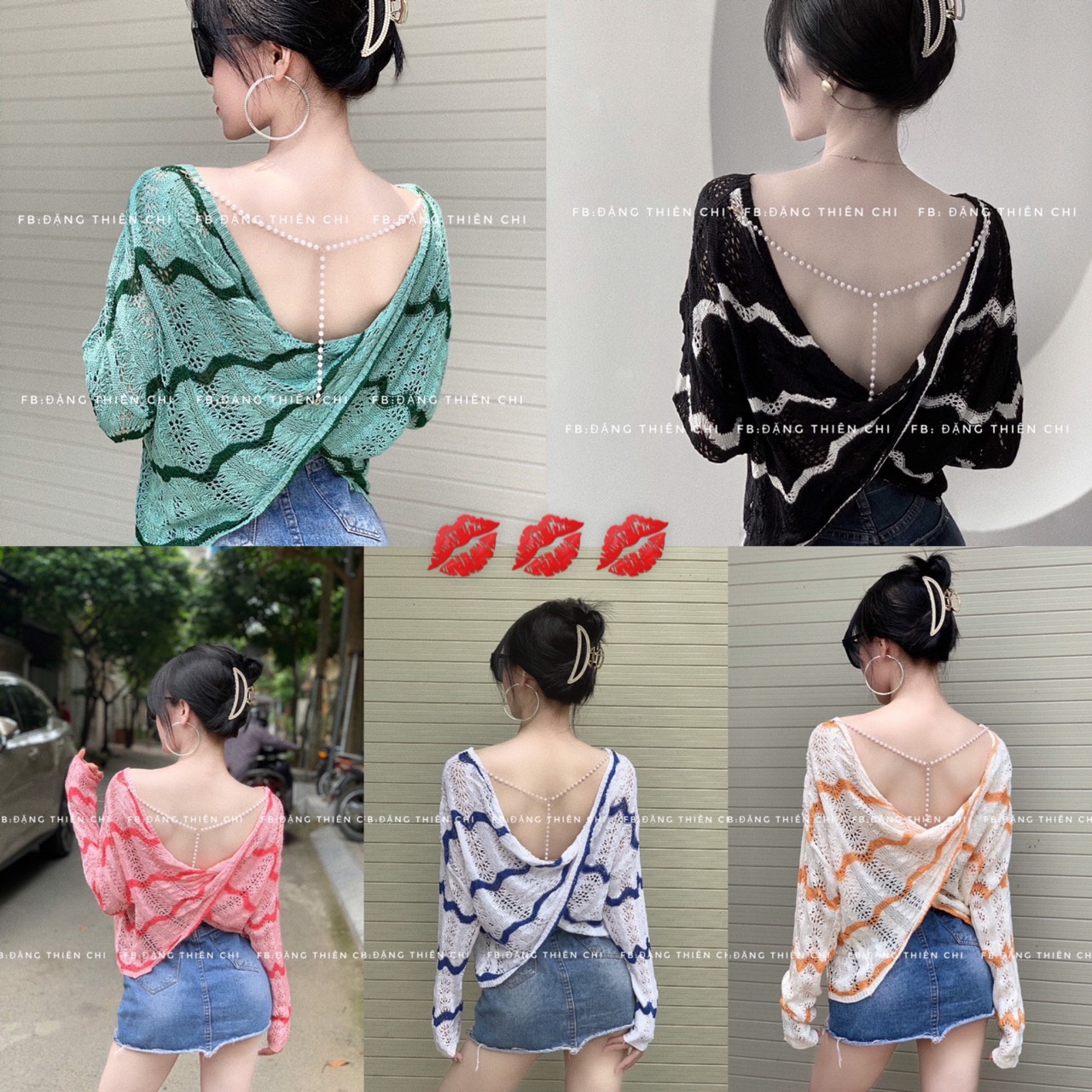 Áo len lưới xoắn lưng dây ngọc lượn sóng