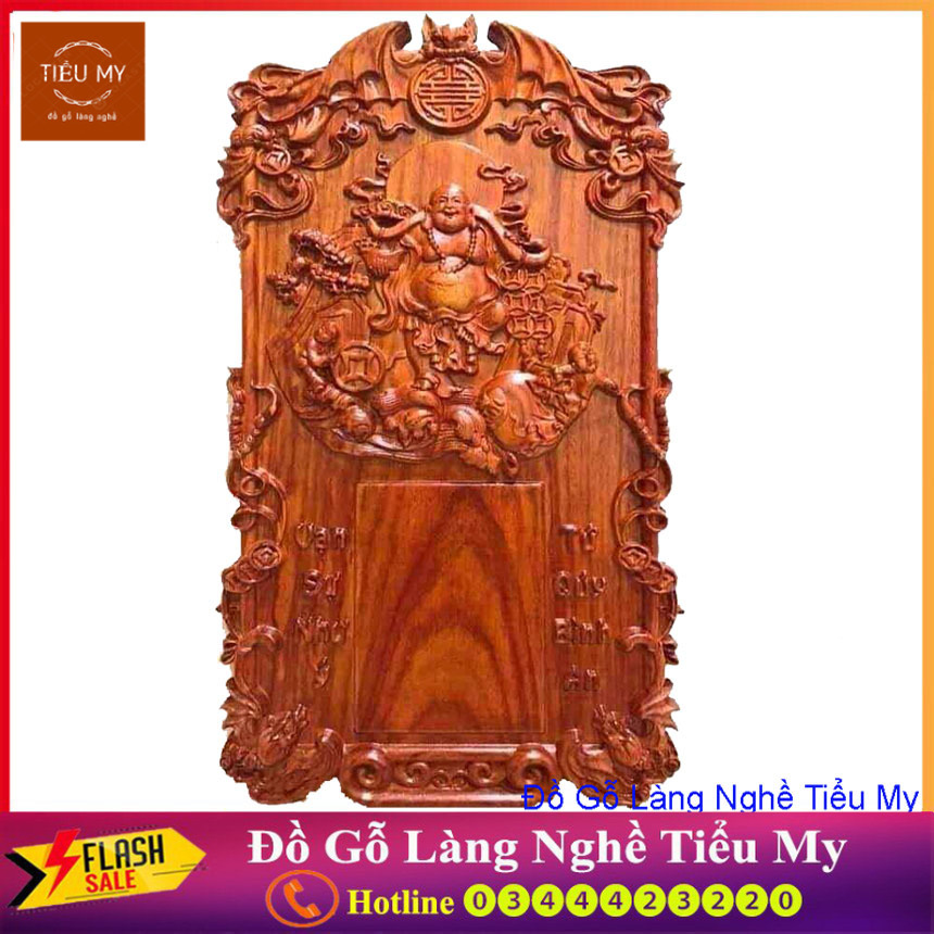 Đốc lịch đức di lặc ghánh kim ngân, gỗ hương liền khối đục nổi, kích thước 70 x 40 x 4cm