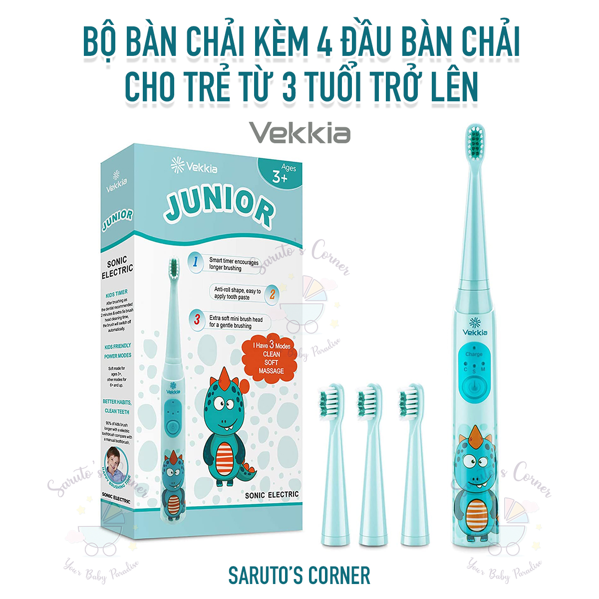 Bộ bàn chải điện và 4 đầu bàn chải cho trẻ từ 3 tuổi Vekkia US