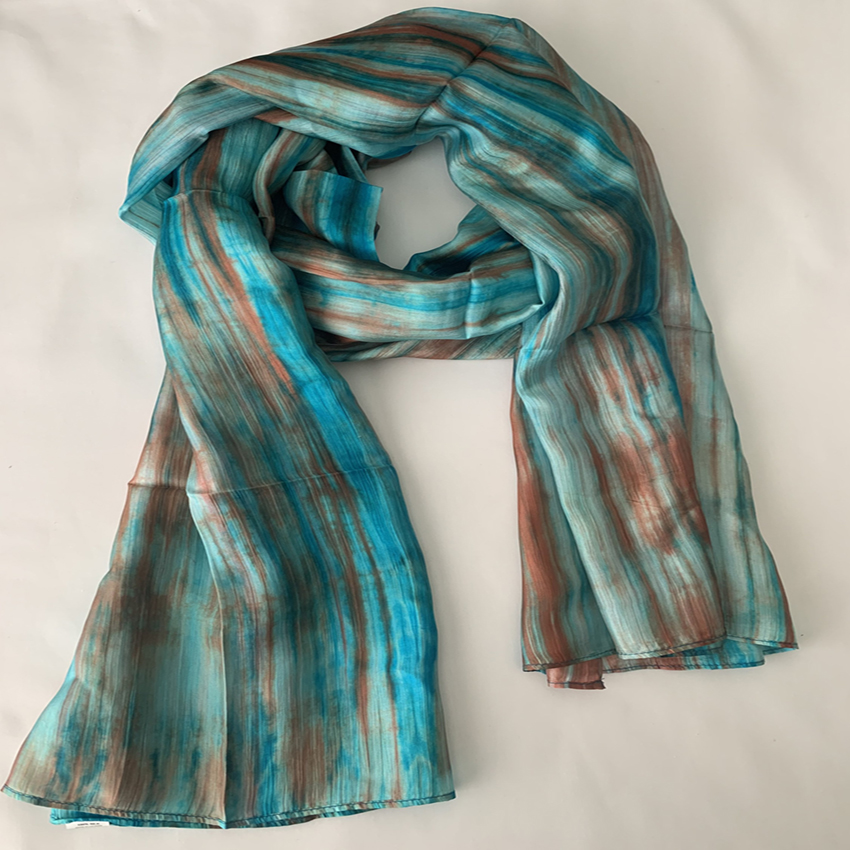 Khăn quàng cổ 100% lụa tơ tằm sọc xanh lam, khăn handmade cao cấp
