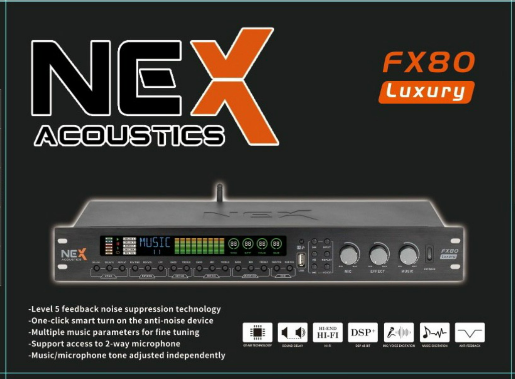 Vang Cơ Lai Số NEX FX80 LUXURY Tích Hợp Sẵn Lọc Xì Equalizer Reverb Tiếng Sáng Chuyên Nghiệp Karaoke Cực Hay Kết Nối Bluetooth Cổng Quang Có Chế Độ Cắt Sub Thích Hợp Cho Karaoke Gia Đình Sự Kiện Bảo Hành 12 Tháng
