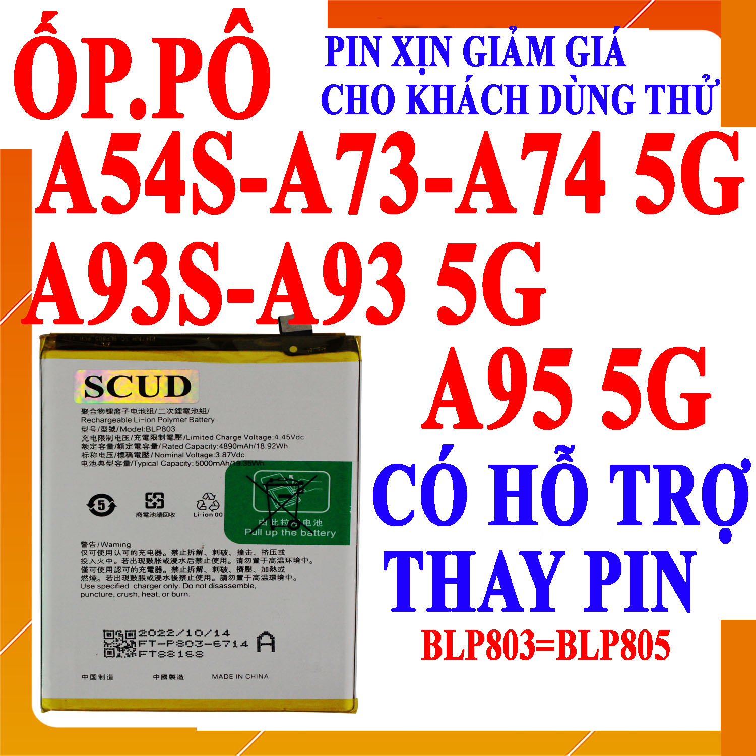 Pin scud cho oppo a54s/a74 5g/a93s/a95 5g/a93/a73 mã blp805 blp803 dung lượng 5000mah
