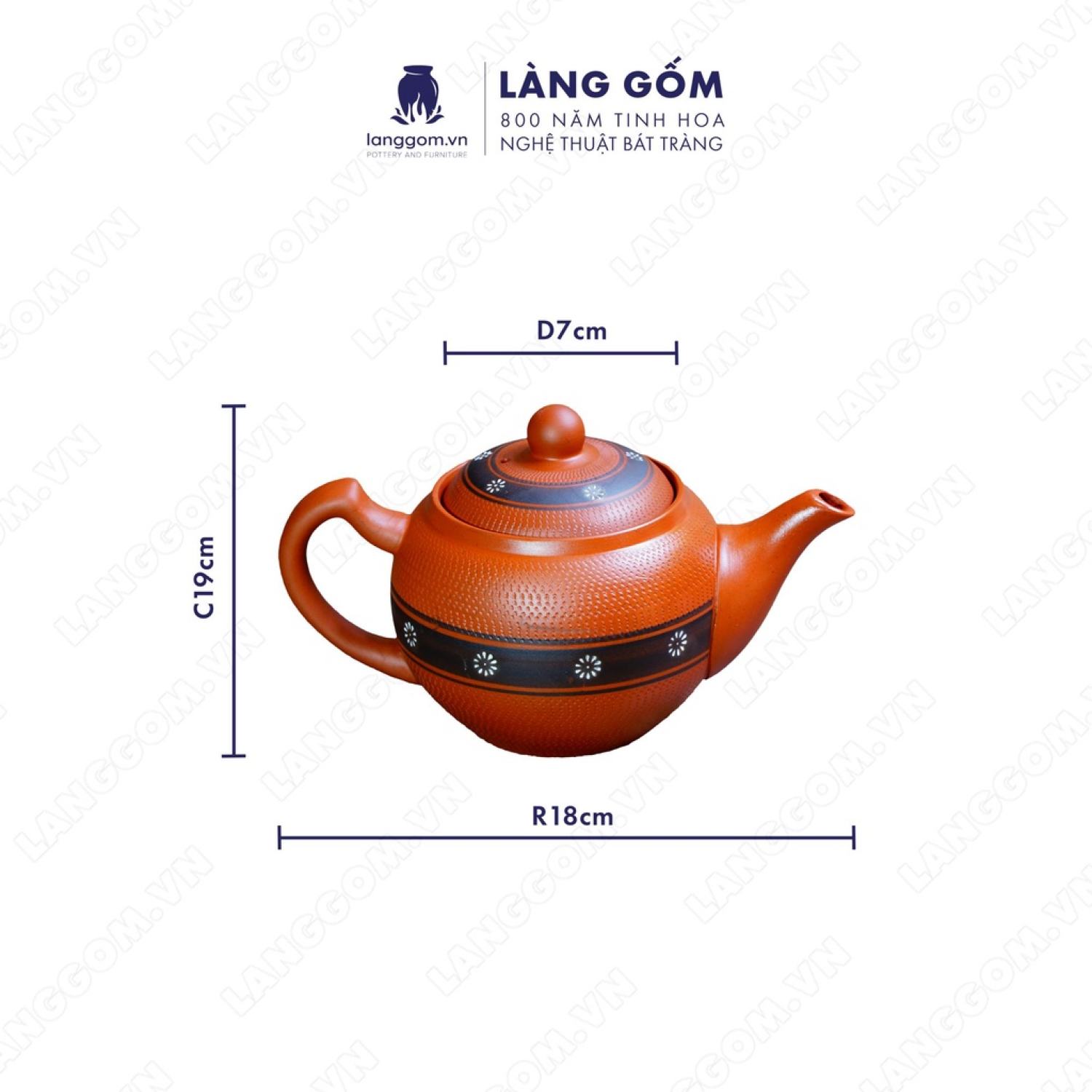 Ấm trà đất nung mộc tử sa màu đỏ kiểu họa tiết hoa ban, gốm sứ bát tràng cao cấp - làng gốm