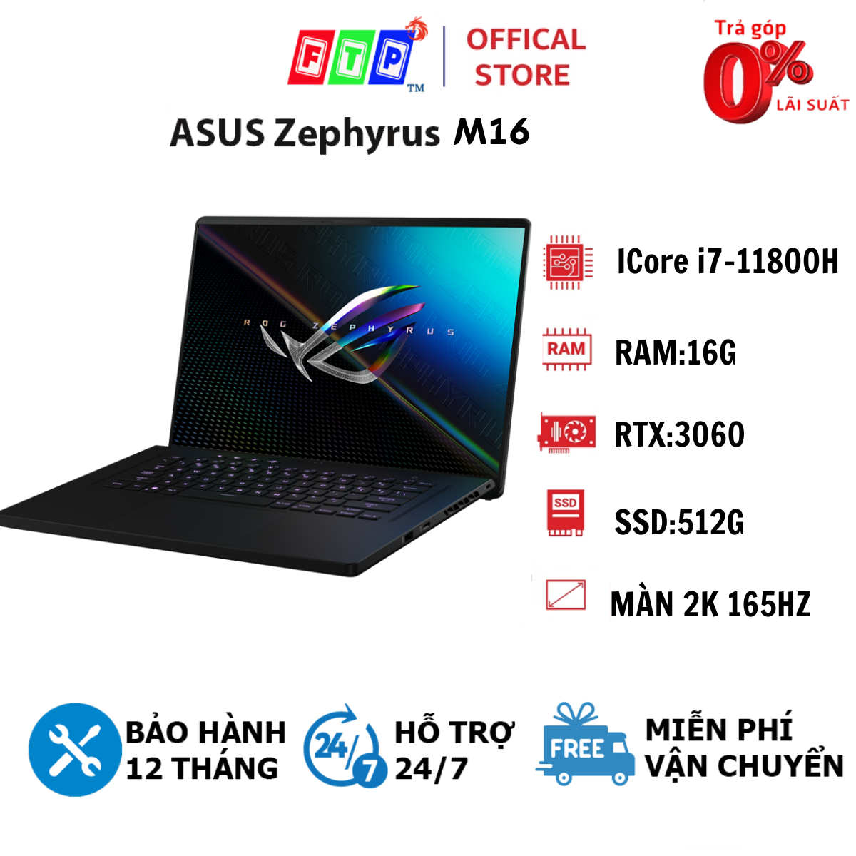 Laptop , LaptopGaming ASUS Zephyrus M16 Intel Core i7-11800H/16/512/RTX 3060 Màn 2.5k, Laptop giá rẻ, máy tính giá rẻ, laptop, máy tính cho học sinh sinh viên