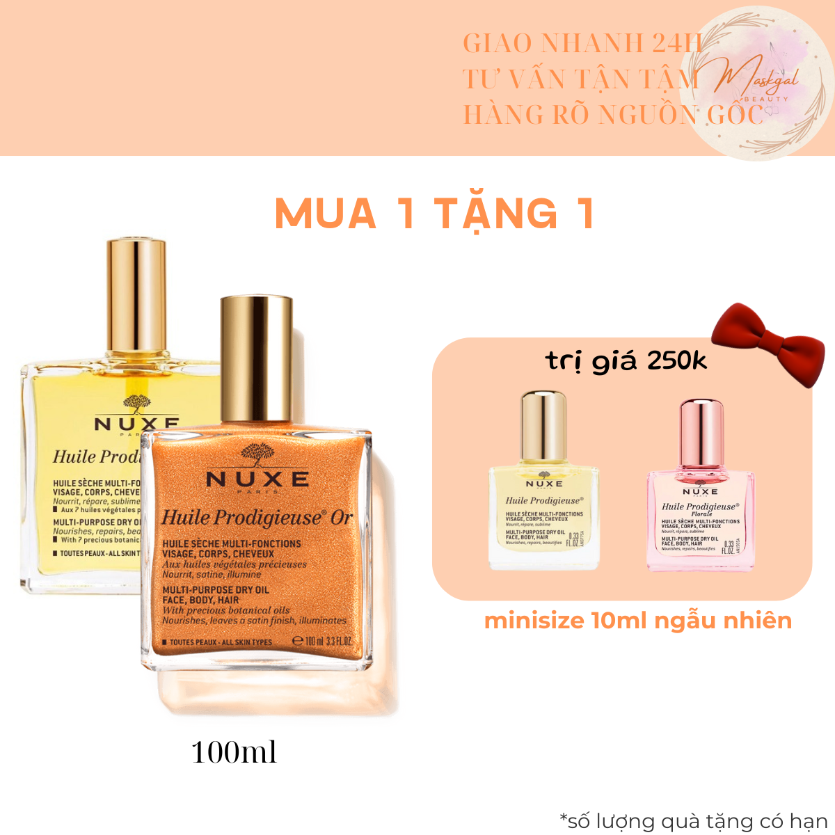 Dầu khô đa năng nuxe huile prodigieuse multi-purpose dry oil 10ml - 50ml - 100ml - set quà tặng