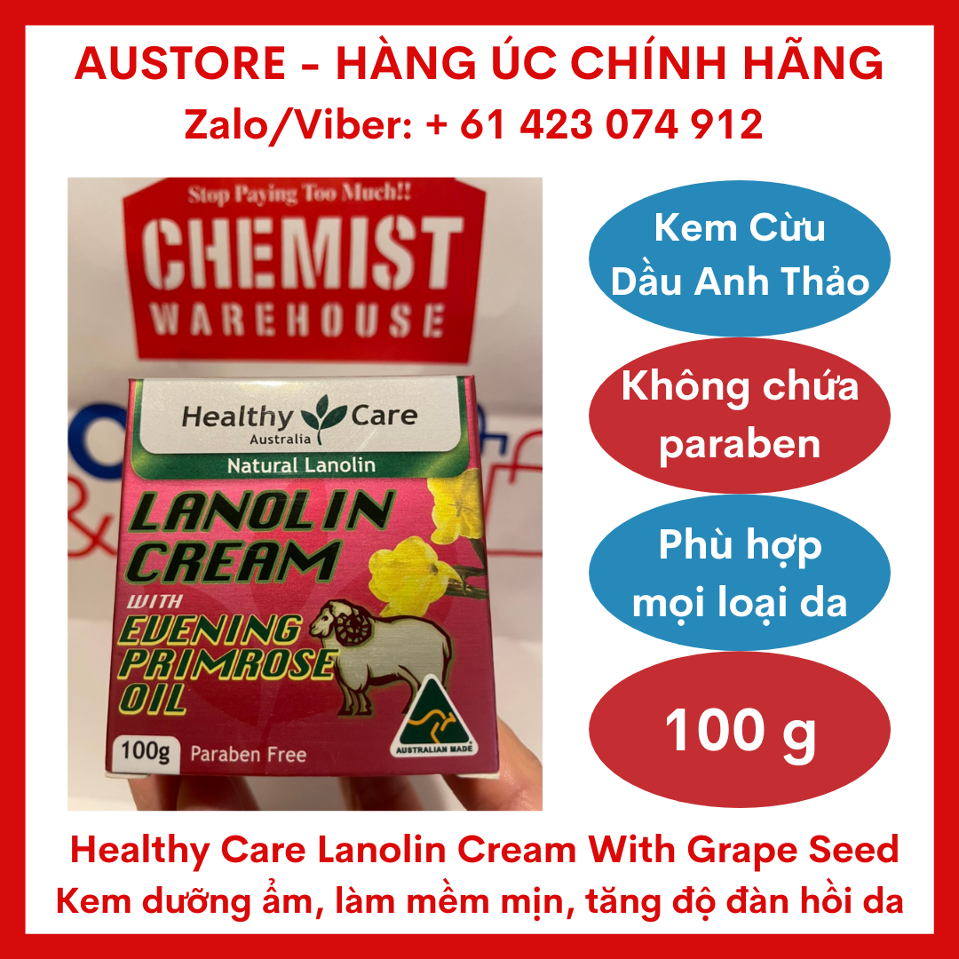 [Bill Úc] Healthy Care Lanolin Cream With Evening Primrose Oil 100g của Úc - Kem Cừu & Dầu Hoa Anh Thảo Healthy Care Úc 100g