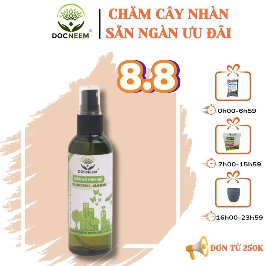 Giấm gỗ sinh học DOCNEEM  xua đuổi côn trùng sâu hại, diệt nấm, bọ trĩ, rệp vảy, nhện đỏ, hữu cơ sinh học, an toàn tuyệt đối, chai 100ml, thương hiệu Docneem