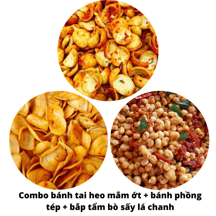 [Tết 2022]Combo 3 loại snack mặn ăn vặt (tai heo mắm ớt, bắp tẩm bò sấy lá chanh, bánh phồng tép) 300g (100g/mỗi loại)