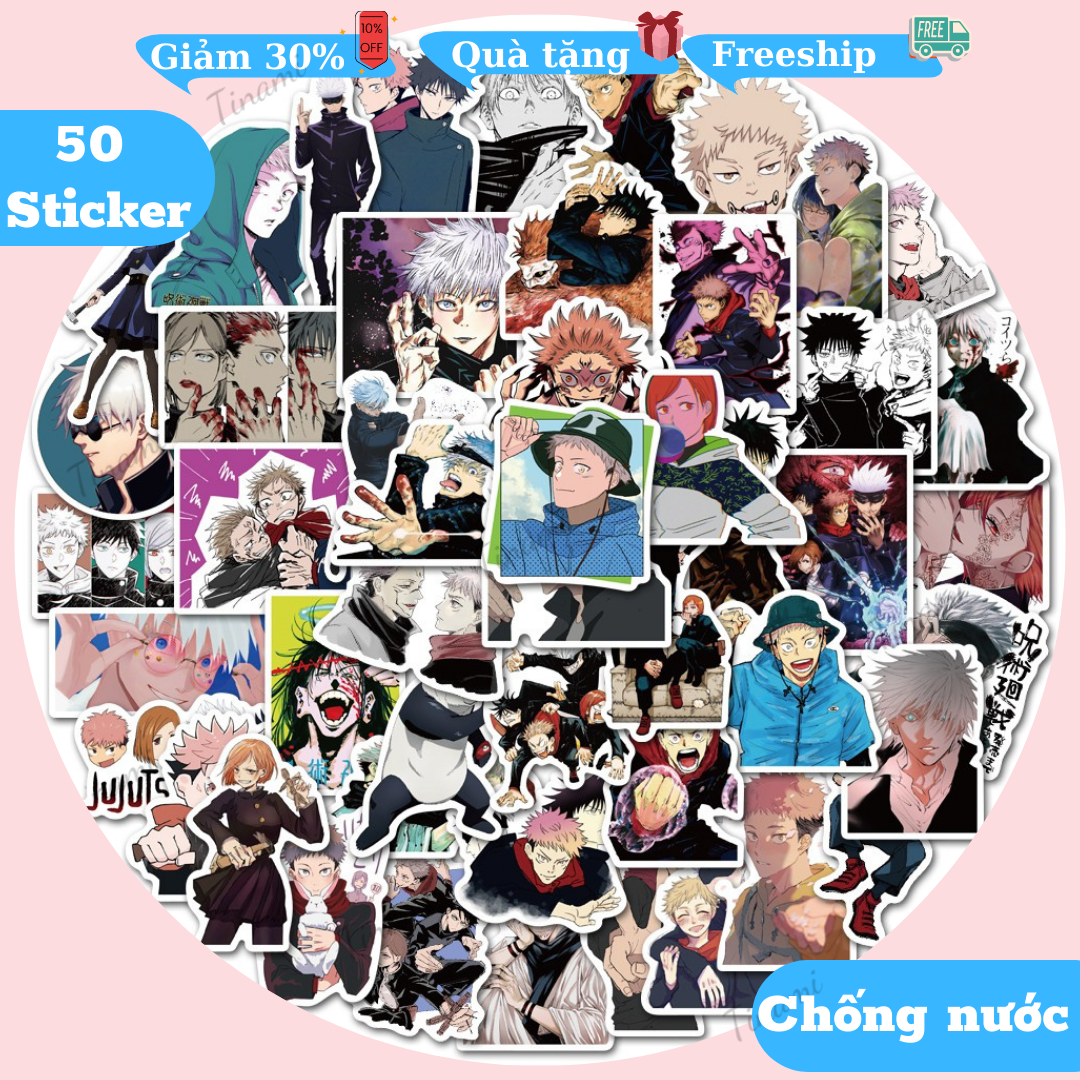 50 Sticker anime chú thuật hồi chiến jujutsu kaisen chống nước dùng trang trí điện thoại laptop mũ bảo hiểm vali sưu tầm decor phòng