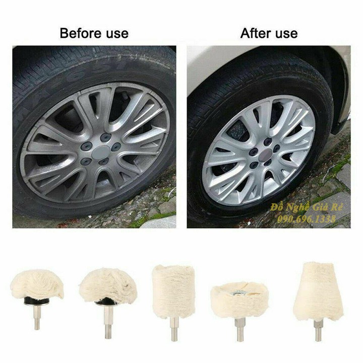 Bộ 5 đầu phớt lông cừu đánh bóng xe - Vải bông đánh bóng kim loại inox gắn máy khoan