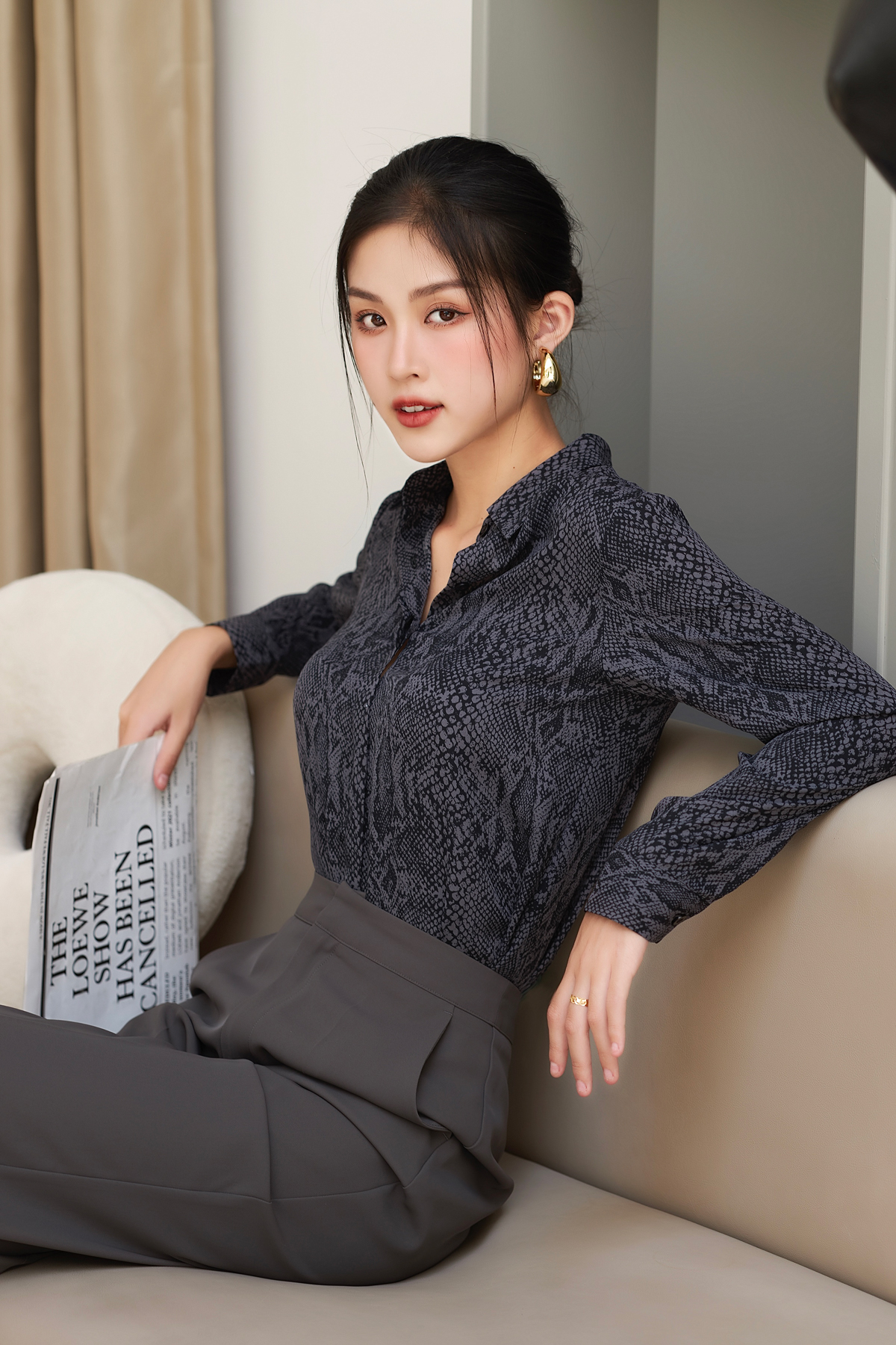 Áo sơ mi nữ công sở gillee lụa họa tiết fas258