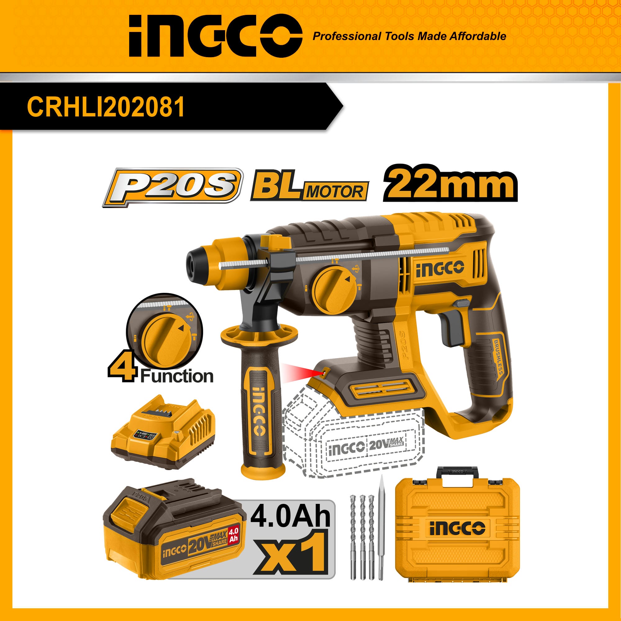 INGCO CRHLI202081 Máy khoan bê tông dùng pin, tặng kèm 1 pin 4.0Ah, 1 sạc, đựng trong hộp nhựa