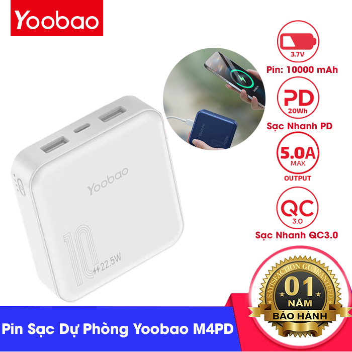 Pin sạc dự phòng Yoobao M4PD 10000mAh, sạc nhanh công xuất 22.5W dành cho samsung xiaomi QC3.0, PD 20W cho iphone 12,..