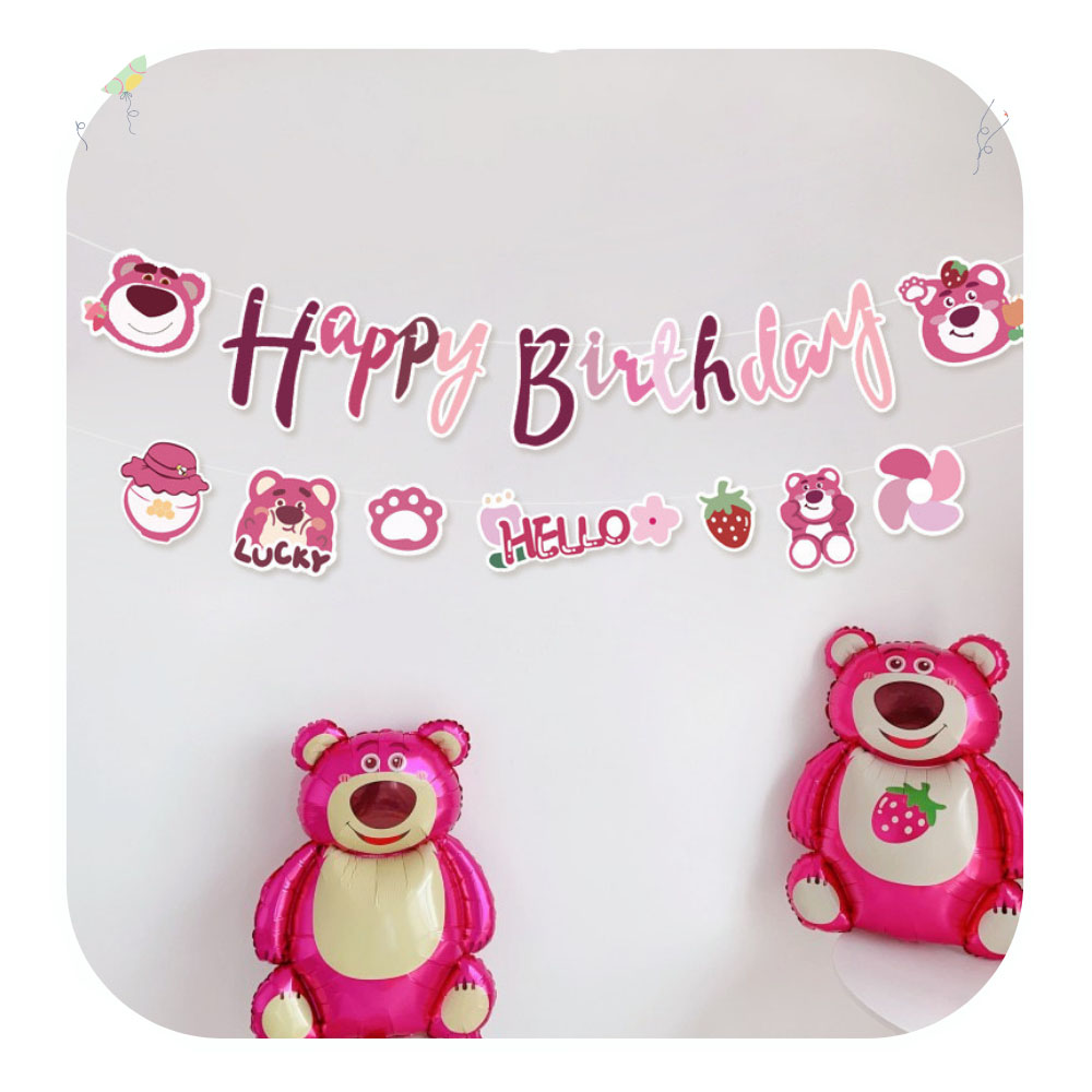 Dây Chữ HAPPY BIRTHDAY Họa Tiết Gấu Dâu Losto Dâu Tây Hot Trend Trang Trí Sinh Nhật